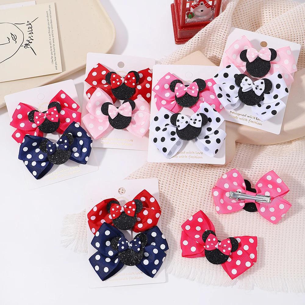 Pinces à cheveux avec nœud à pois pour filles, 2 pièces/ensemble, épingles à cheveux de dessin animé