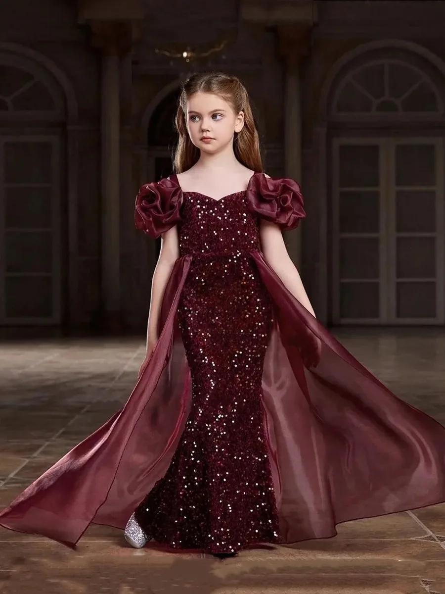 Nouvelle robe de princesse sirène à paillettes pour filles 2026, robe élégante rouge pour spectacle