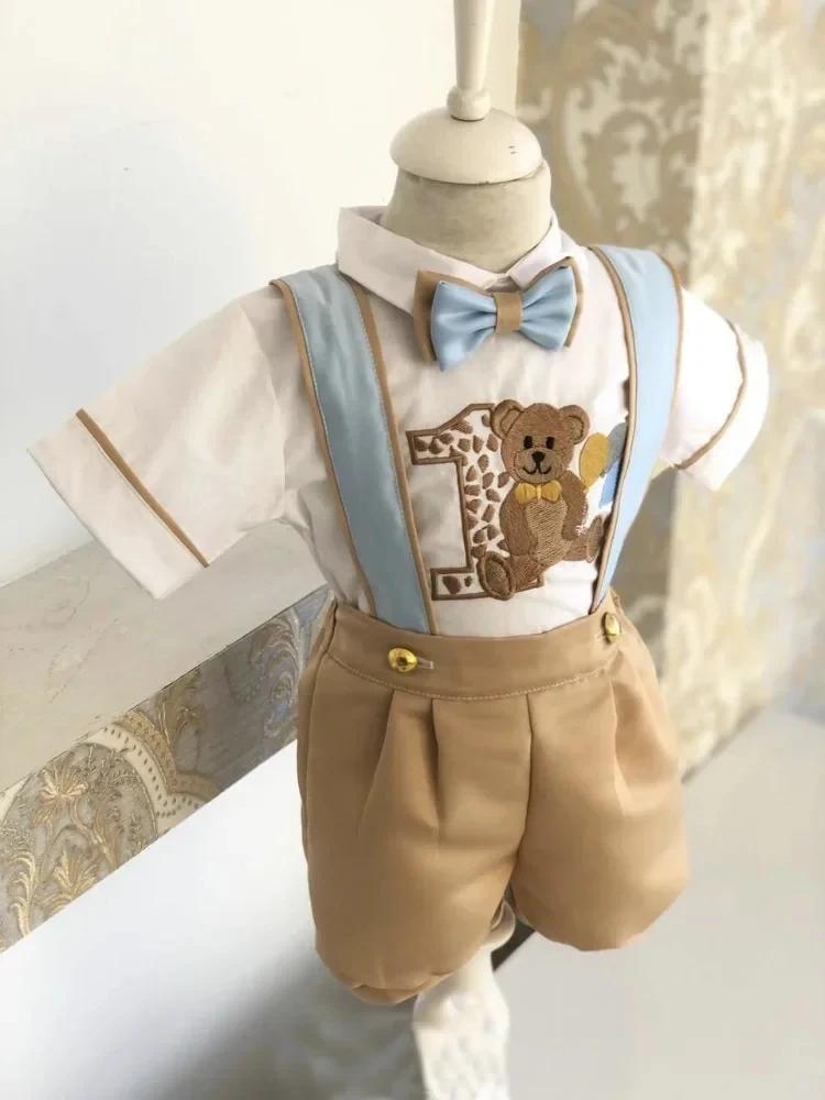 Bébé garçon printemps été ours broderie Vintage kaki ensemble pour Eid casual anniversaire photograp