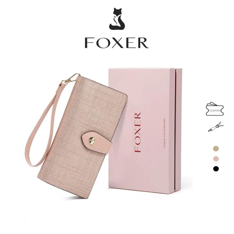 FOXER Portefeuille long de luxe pour femme en cuir fendu, élégant porte-cartes, pochette multi-carte