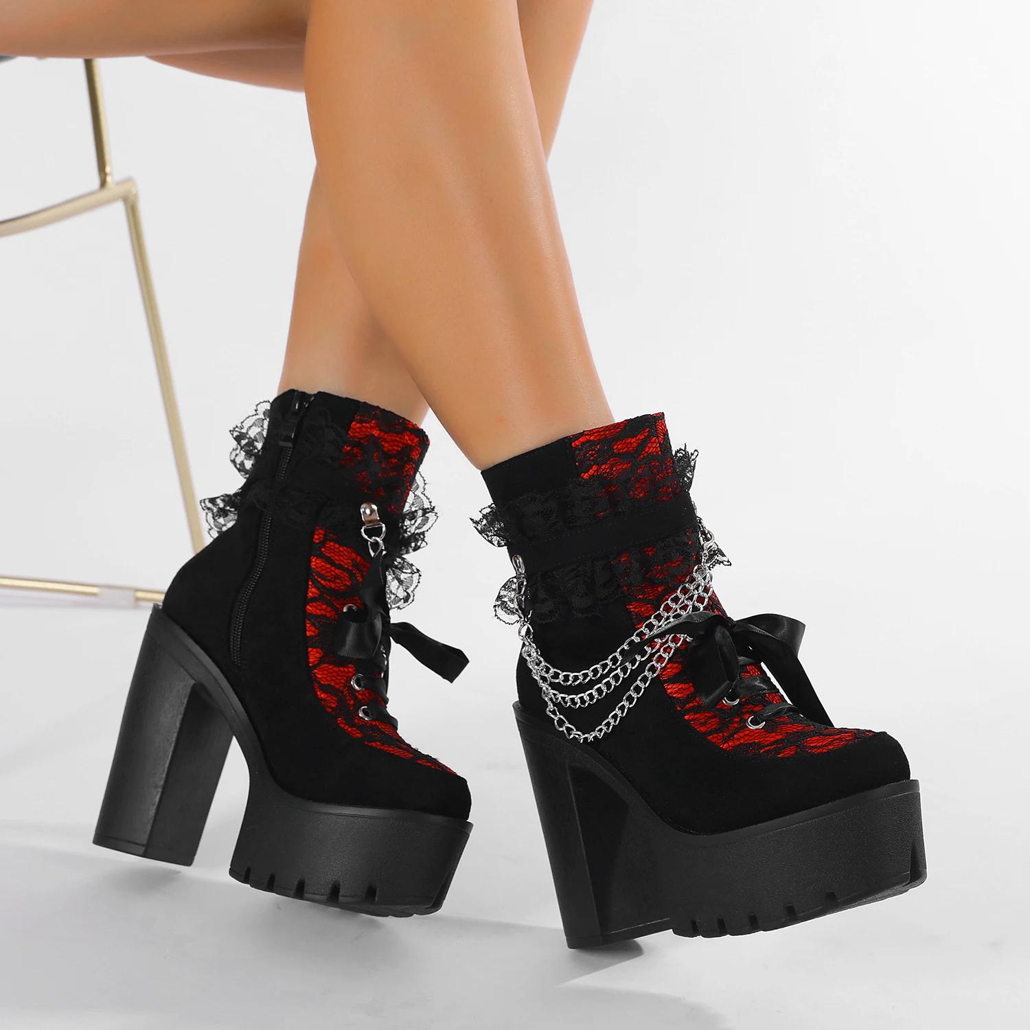 Gdgydh-Bottes gothiques vintage pour femmes, bottes de rinçage en dentelle, talon épais, fermeture à