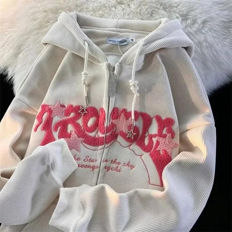 Sweat-shirt à capuche brodé avec fermeture éclair pour femme, haut à manches longues, ample, chemise