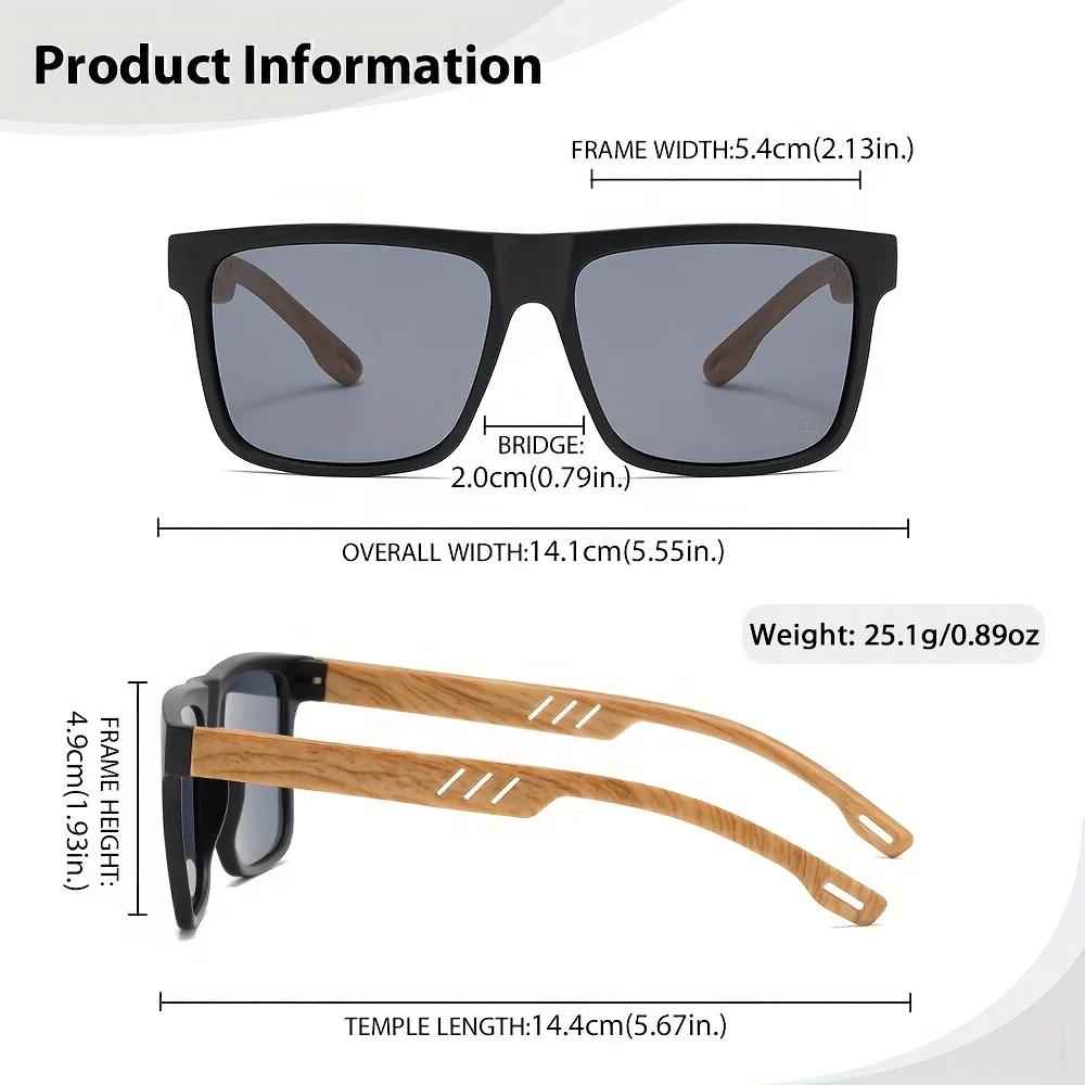 Lunettes de soleil carrées décontractées, Grain de bois, charnières à ressort, Protection UV400, uni