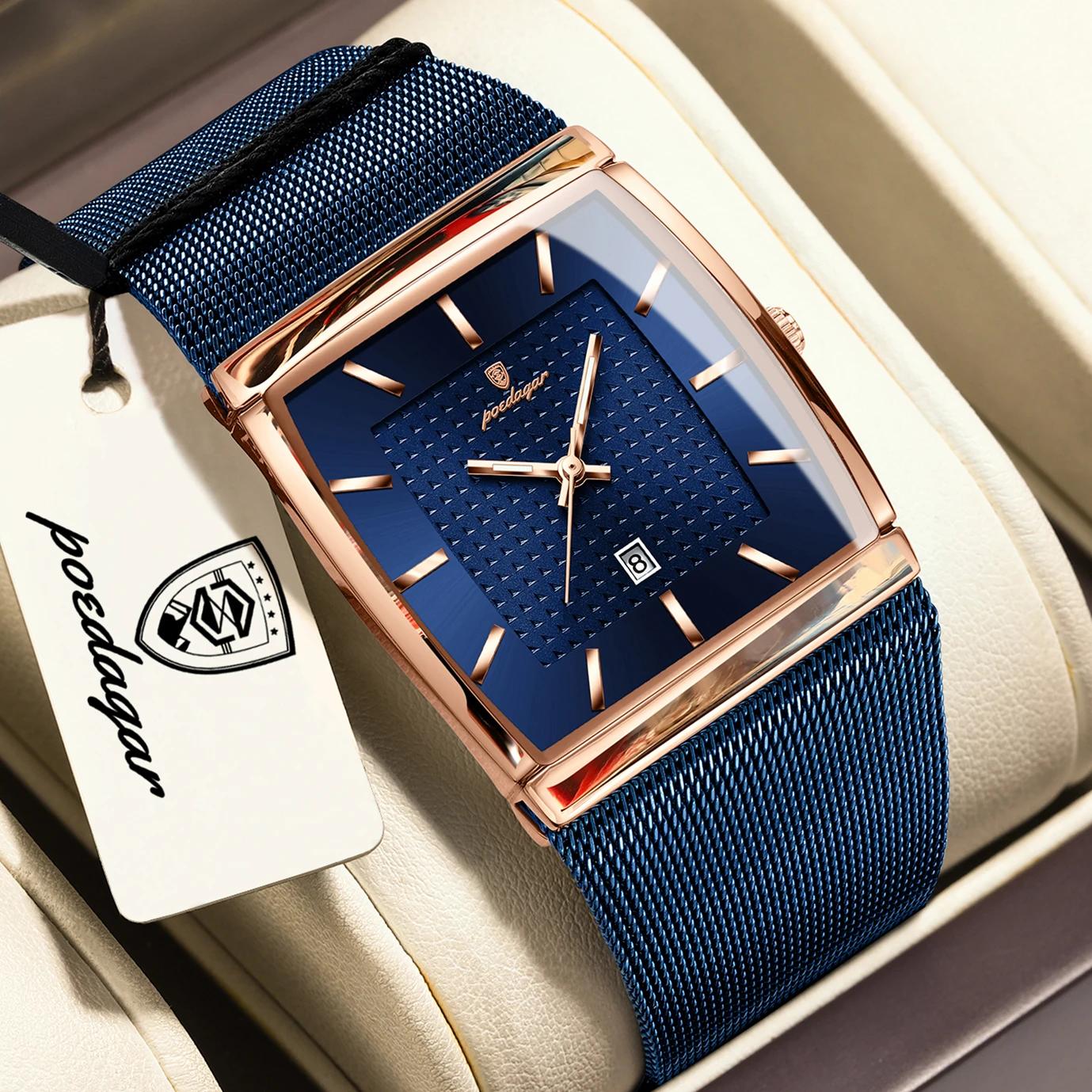 POEDAGAR Top luxe hommes montre en acier inoxydable maille Date étanche lumineux homme montre-bracel