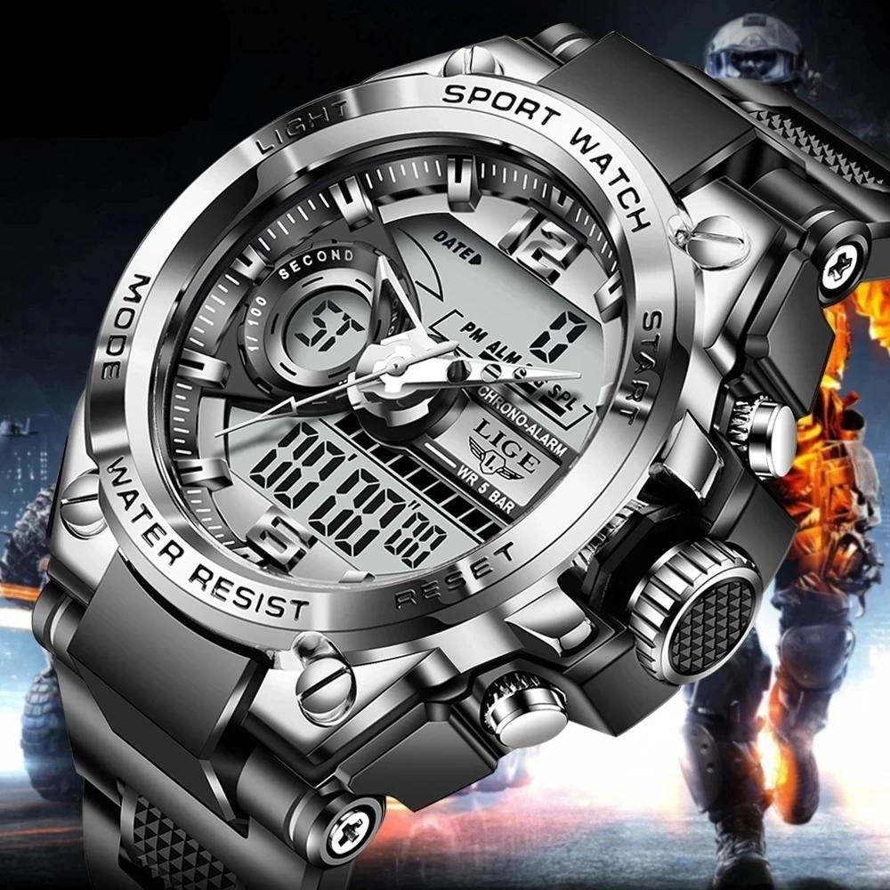 LIGE numérique hommes montre militaire 50m étanche montre-bracelet LED Quartz horloge Sport montre m
