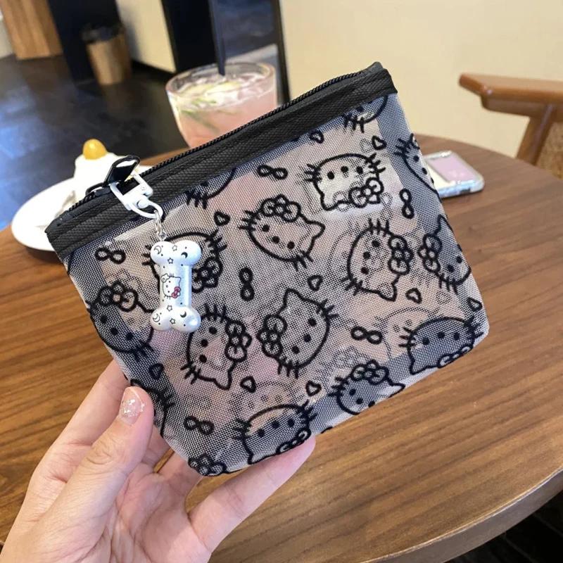 Sac à cosmétiques Kawaii Hello Kitty, style anime, sac à monnaie portable en maille, sac de rangemen