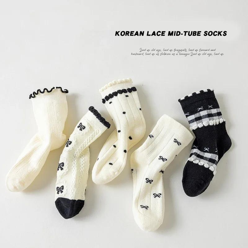 Chaussettes en coton solide pour enfants filles, 5 paires de nœuds papillon, douces, respirantes, ra