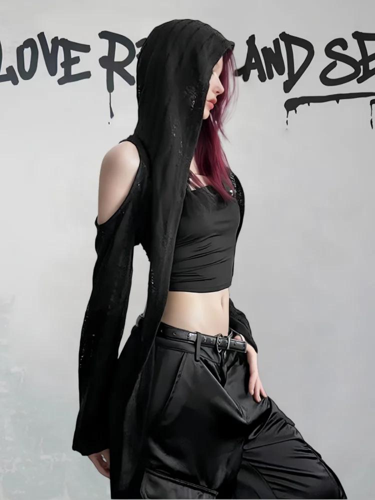 T-shirt à manches longues et épaules dénudées pour femmes, Streetwear d'été, hauts courts, Punk Grun