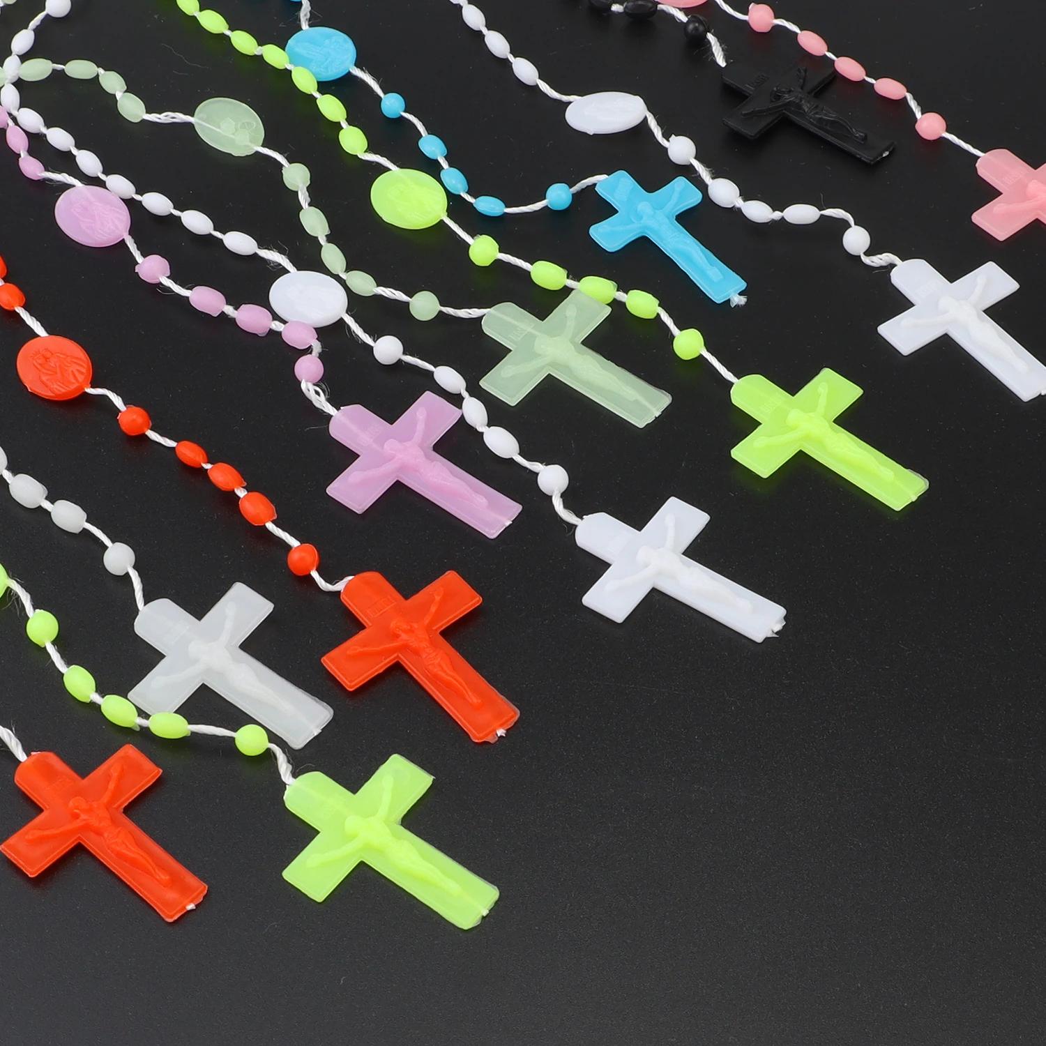 Chapelet multicolore, perles de prière, classique, vieux pendentif croix en plastique, colliers, bij