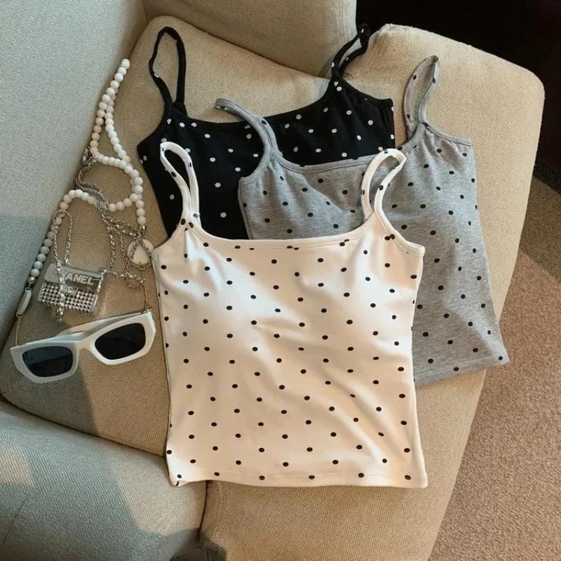 Gilet Sexy à bretelles à pois pour femmes, vêtements d'extérieur d'été, Match intérieur, haut court