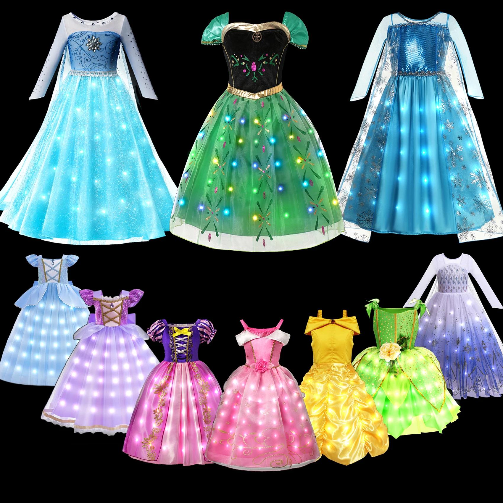 Robe de princesse Elsa Anna pour filles, avec lumière LED, Costume pour enfants, vêtements de fête C