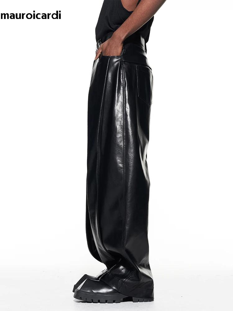 Mauroicardi-Pantalon Long en Cuir PU pour Homme, Baggy Décontracté, Noir Brcorporelle, Moulé, Verni,