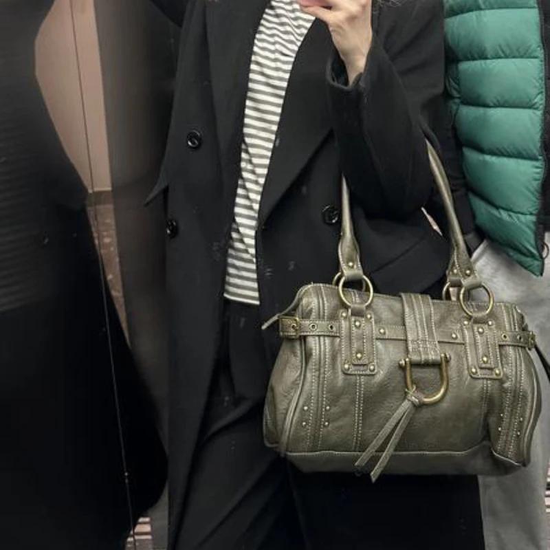 Sac à bandoulière rétro pour femme, grande capacité, sac sous le bras, sac à main de luxe avec rivet