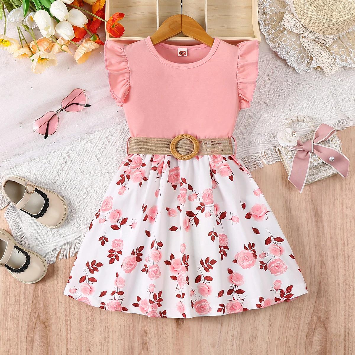 Robe décontractée à imprimé floral romantique pour fille, avec bords à volants et petites manches vo