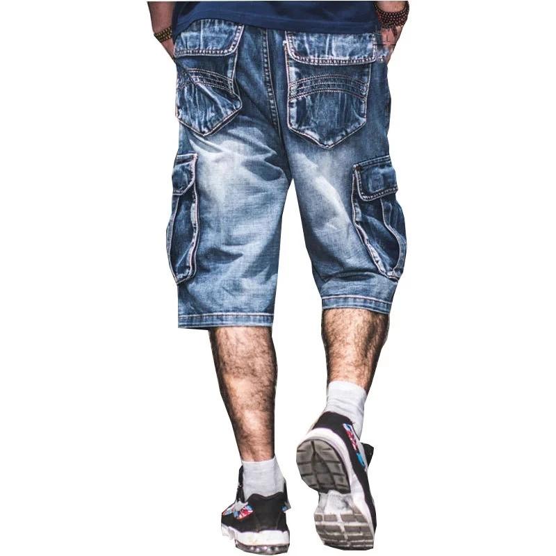 Short en jean bleu multi-poches pour homme, streetwear, grande taille, droit, été, nouveau