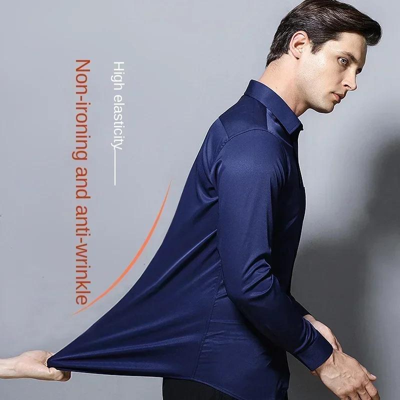 Chemise élastique à manches longues pour hommes, robe d'affaires sans repassage, tenue de travail pr