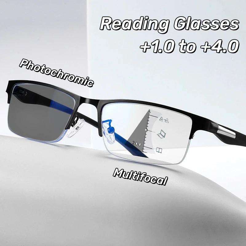 Lunettes de lecture photochromiques multifocales progressives pour hommes, anti-lumière bleue, lunet
