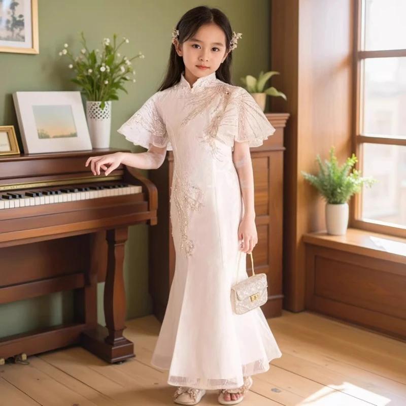Robe Qipao Blanche pour Filles, Robe Enfant, Tenue de Cérémonie pour Enfants, Costume de Fête Formel