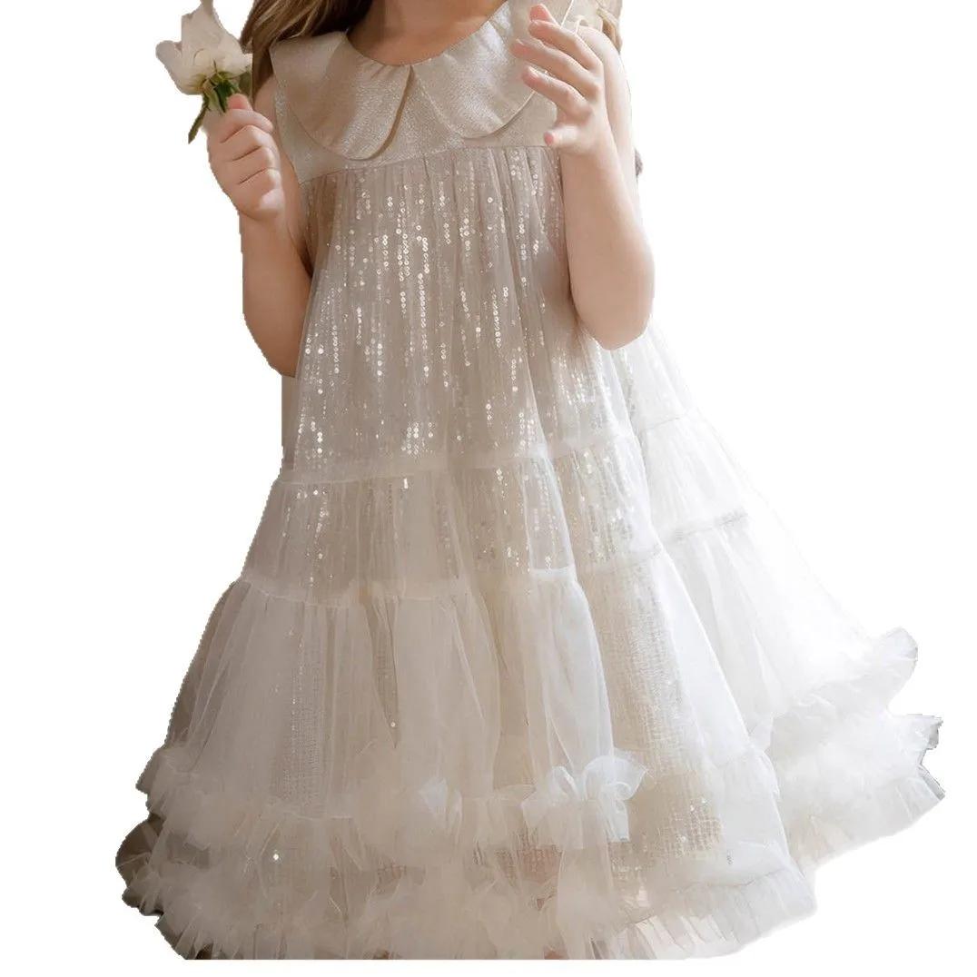 Robe d'été UNITIM pour fille, col Peter Pan, en maille scintillante, robe de princesse pour fête d'a