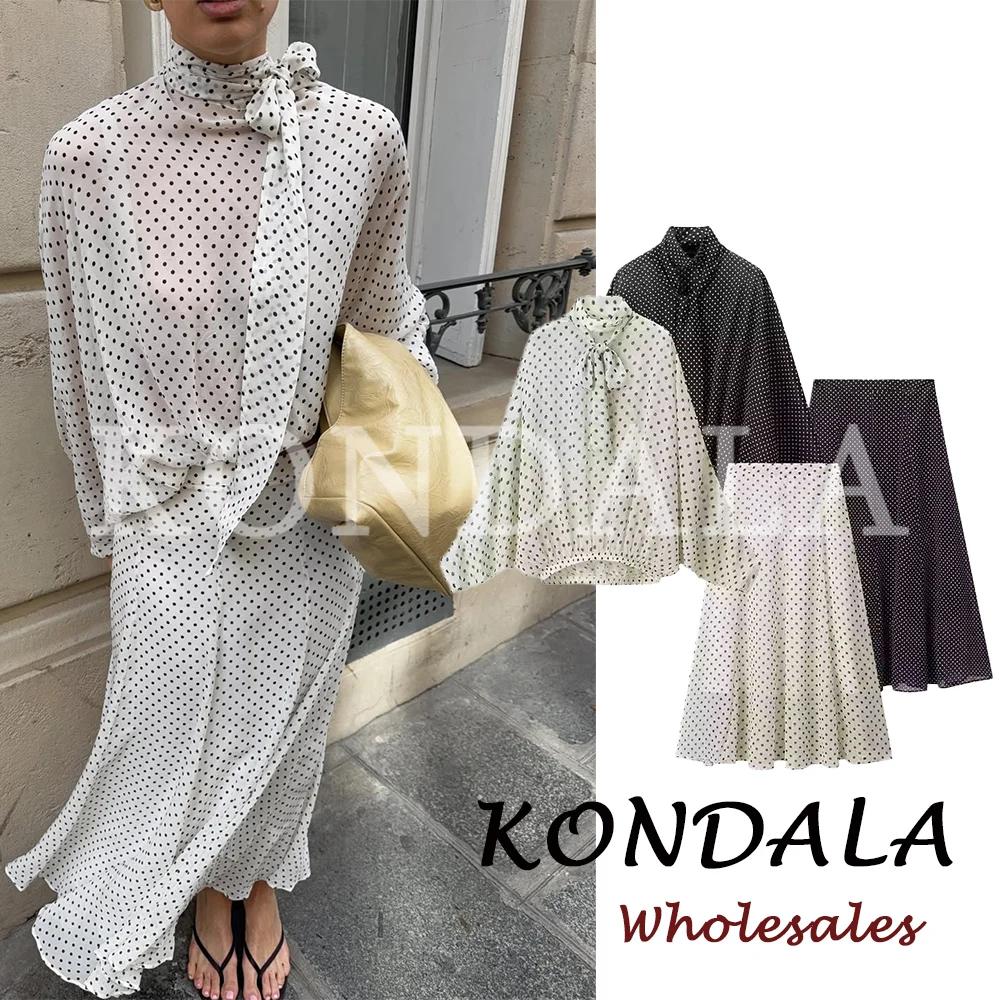 KONDALA Chic Ensemble Décontracté Femme à Pois avec Nœud, Chemise Ample Élégante + Jupe Longue Midi