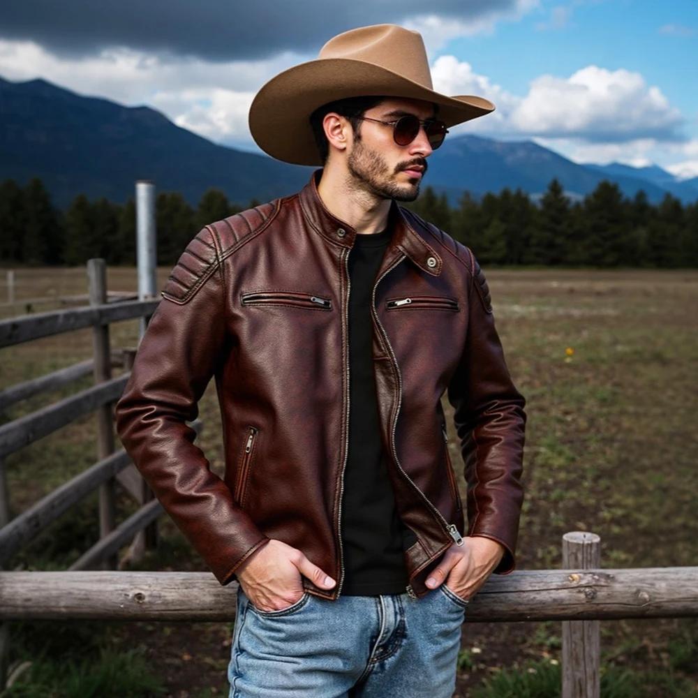 Nouveau 100% veste en cuir de vachette hommes couche supérieure vêtements hommes col montant moto vê