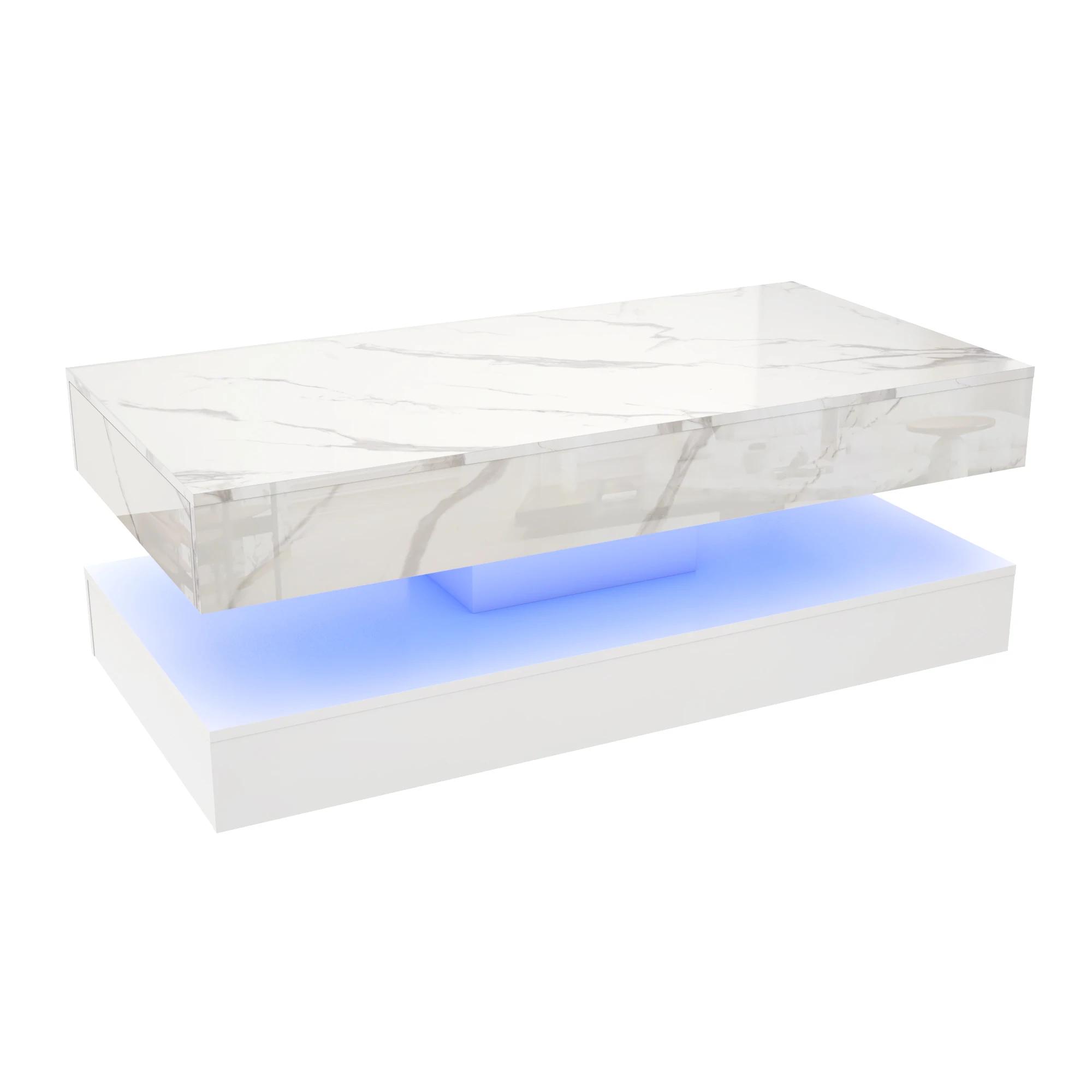 Table basse moderne avec lumières LED, table basse avec 2 rangements, design double couche, salon