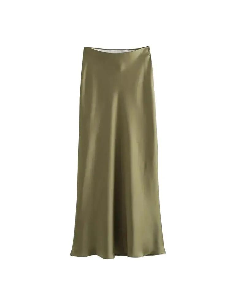 Jupe mi-longue semblable à de soie pour femmes, doux au toucher, taille haute, ceinture élastique, C