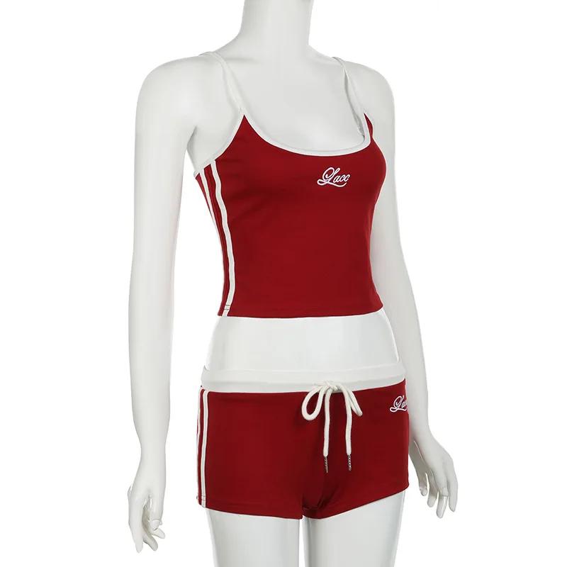 Y2K – ensemble de tenues d'été pour femmes, lettres brodées, couleur contrastée, Sexy, Slim, dos nu,