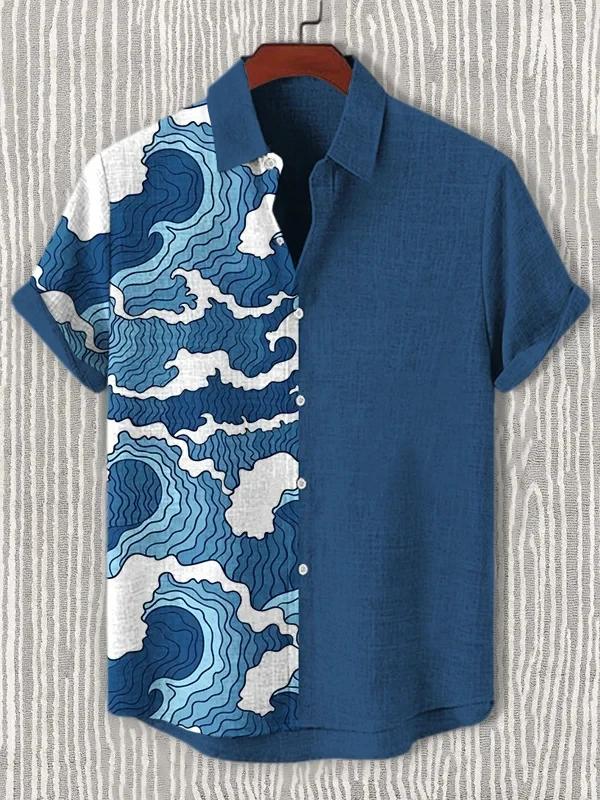 Ukiyoe Wave Print Men's Hawaiian Shirt Polyester Fabric, Summer Casual Vacation and Outdoor Wear Men