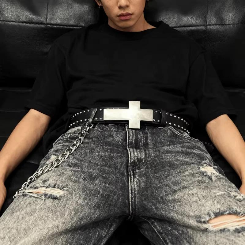 Ceinture Homme Style Harajuku Punk Cloutée à Croix, Motif Éclaté, Hip Hop Street Style, pour Fête Ro