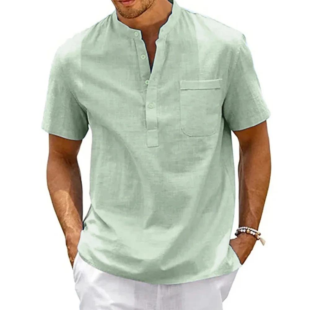 Chemise en coton et lin pour hommes, col Henley, poche, décontractée, plage, manches courtes, couleu
