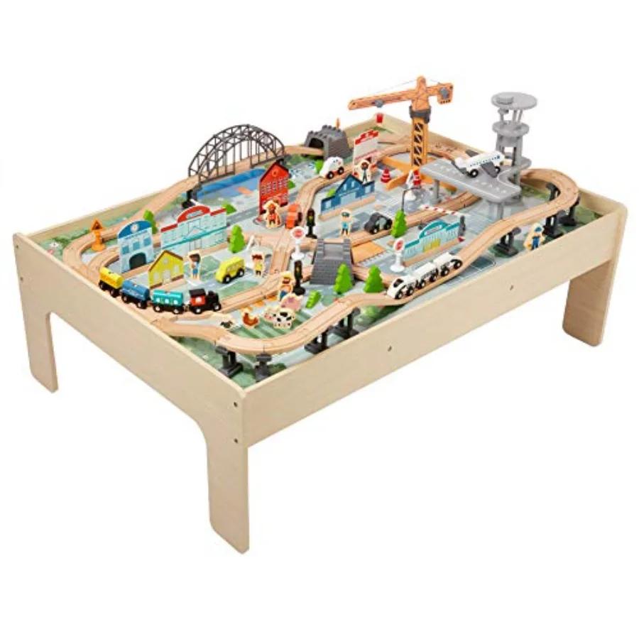 Amazon Basics Ensemble de train en bois de 120 pièces avec table d'activité Pistes robustes Poubelle