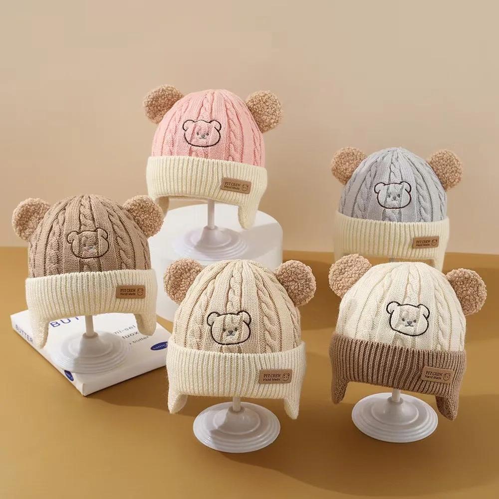 Chapeau de bébé ours mignon, Protection des oreilles, pour enfants, hiver, épais, chaud, tricoté, Ve