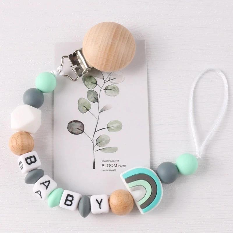 Chaîne de sucette en silicone avec clip en hêtre, produits pour bébés