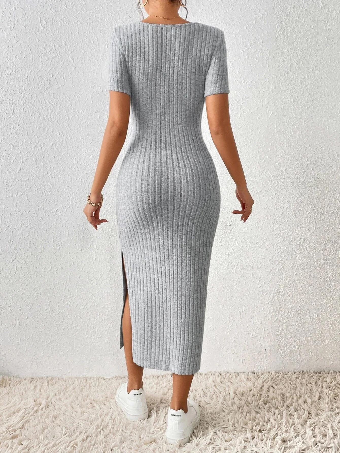 Robe tricotée pour femme, style printemps-été, décontractée, à manches courtes, col carré, fente lat