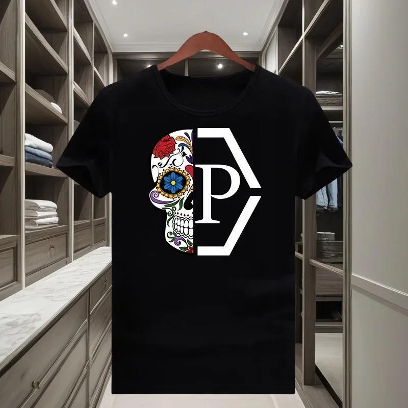 T-shirt classique tendance à col rond et manches courtes, imprimé demi-tête de mort et fleurs, pour