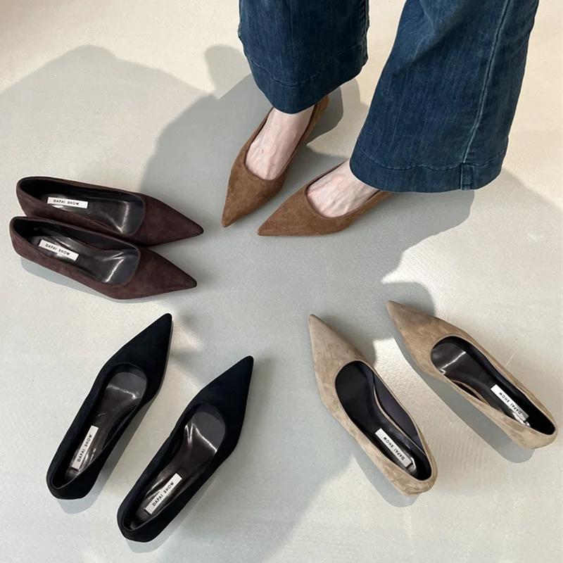 Chaussures de printemps 2026 pour femmes, escarpins fins à talons bas, élégants en daim, à bout poin