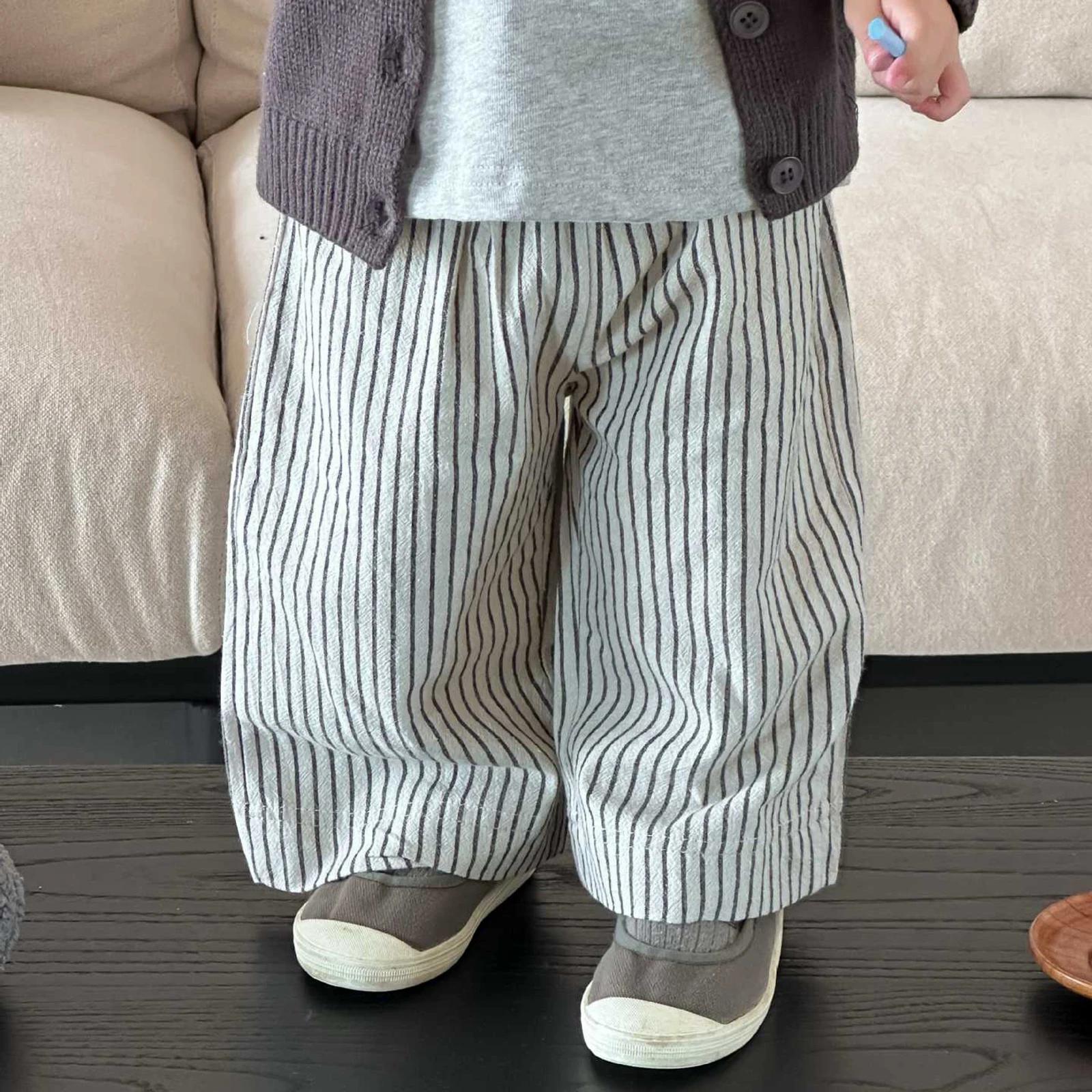 Pantalons en lin et coton à rayures pour garçons et filles, vêtements pour enfants, automne et print
