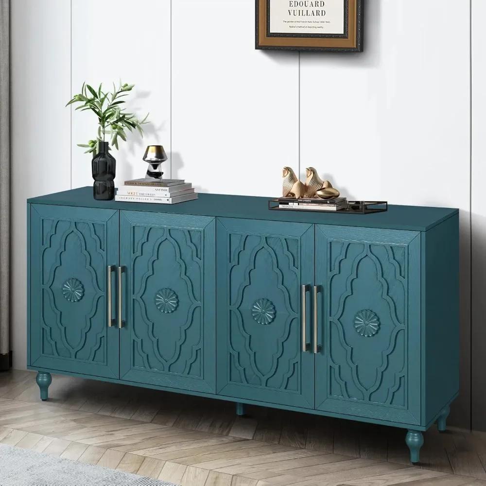 Buffet Credenzas pour salon, table d'entrée bleue de 63 pouces avec armoire d'appoint de rangement,