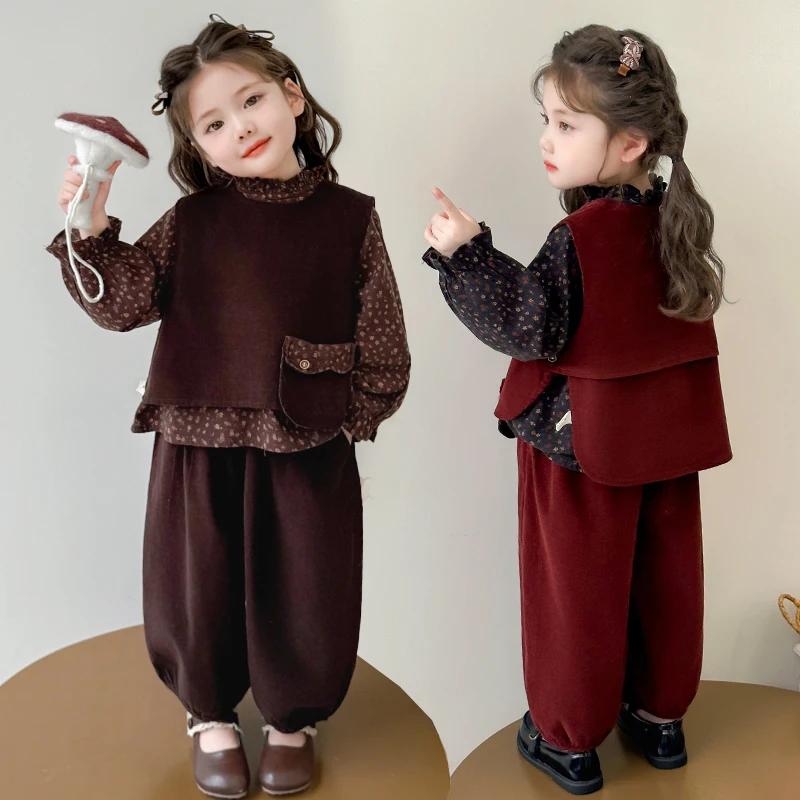 Vêtements à la mode pour filles, nouvelle chemise florale, gilet et pantalon de couleur unie, ensemb