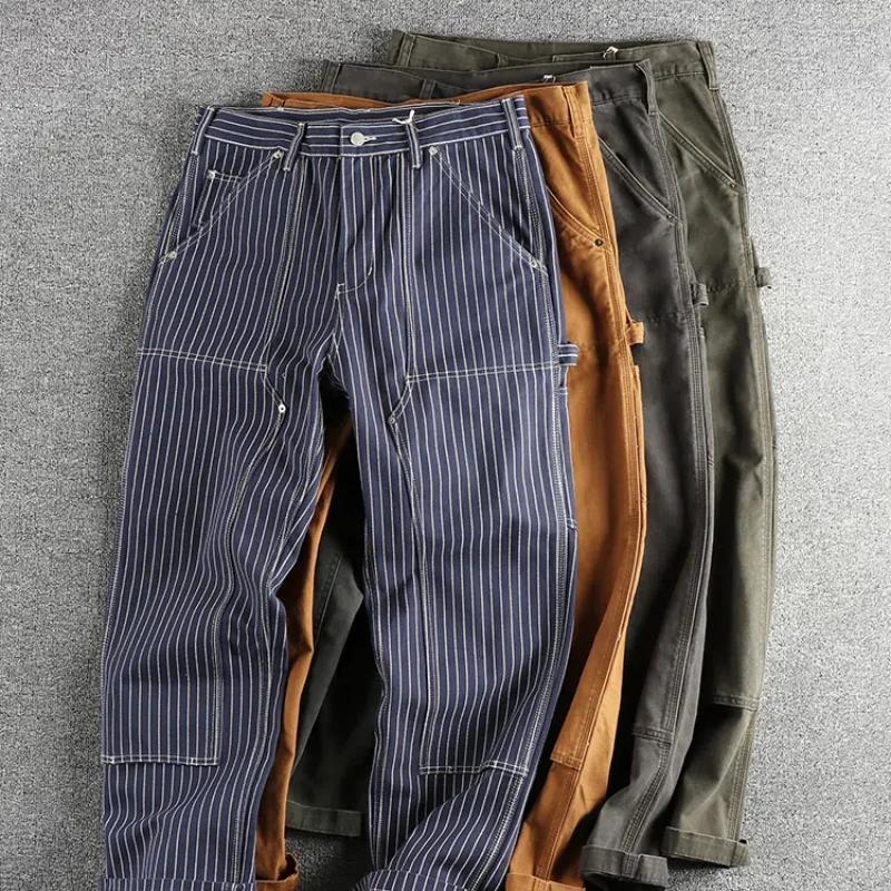 Salopette épaisse pour homme, pantalon droit rayé bleu teint, reproduction tendance, pantalon de cou