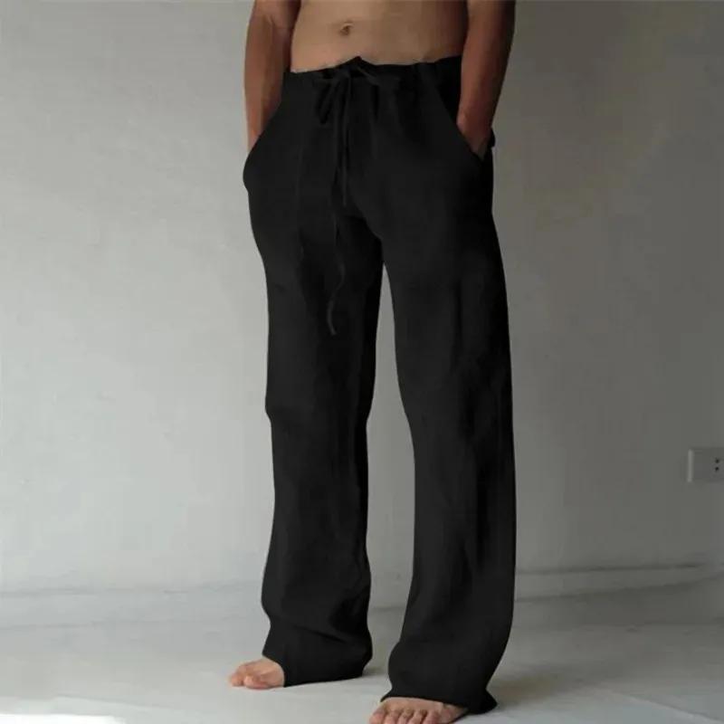 Pantalon Long en coton et lin pour hommes, couleur unie, respirant, décontracté, taille élastique, H