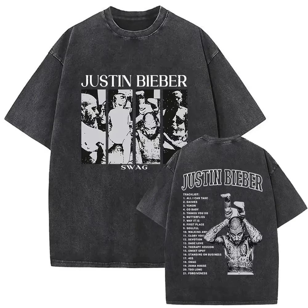 T-shirts vintage délavés Justin Bieber SWAG Album 2026 pour hommes, style streetwear hip-hop, manche
