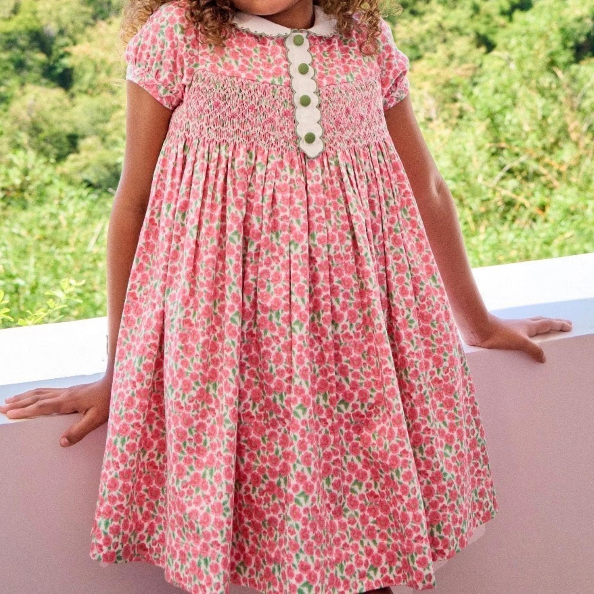 Robe d'été pour fille, style vintage, rouge, à fleurs, brodée, smockée, manches courtes, vêtements d