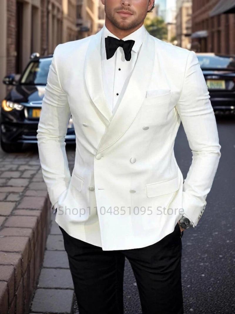 Costume de Mariage et d'Affaires 2 Pièces pour Homme, Couleur Ivoire, avec Blazer Croisé à Revers Po