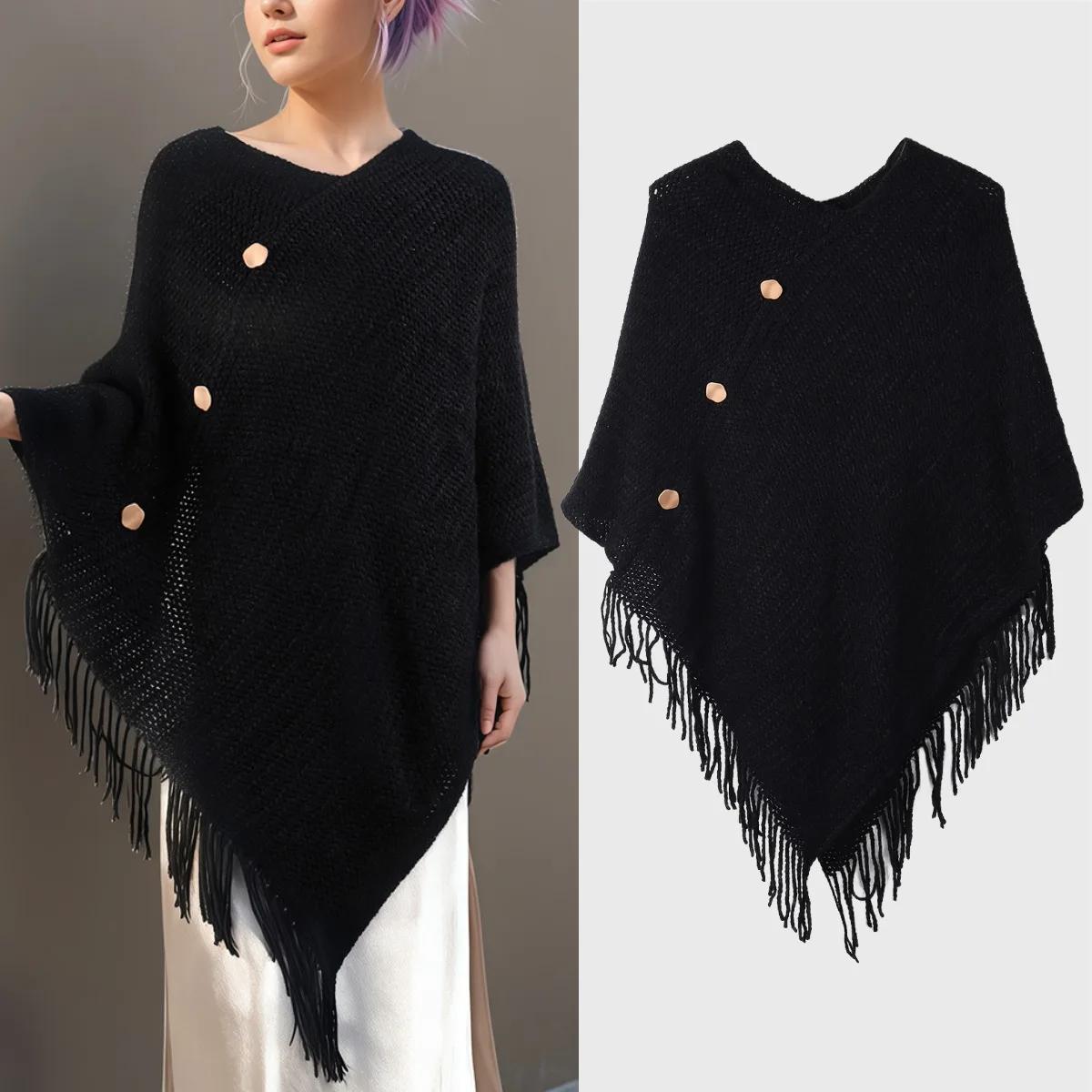 Châle à pampilles pour femmes avec faux boutons, couleur unie, adapté aux vêtements de déplacement à