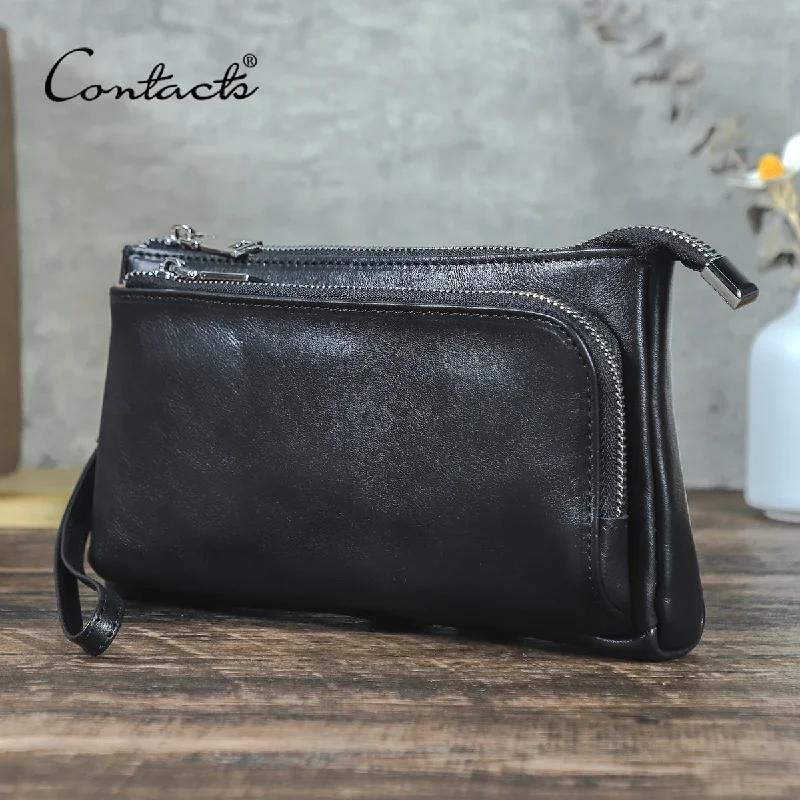 CONTACT'S Pochette Homme en Cuir Véritable, Sac à Main Design, Portefeuille Long, Sac de Voyage pour