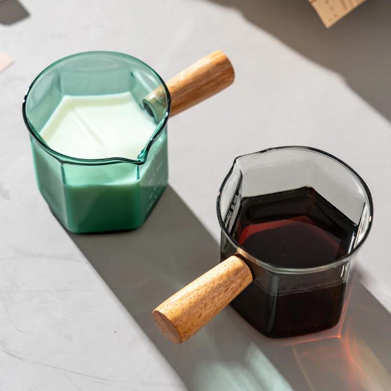YWDL Tasse à mesurer en verre pour expresso 120 ml avec poignée en bois, carafe à lait hexagonale, a