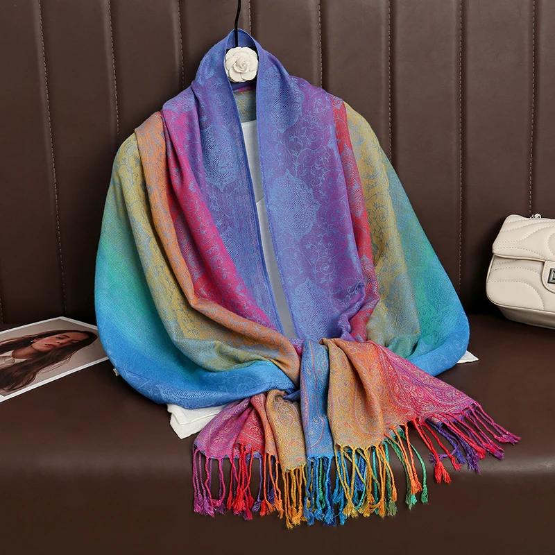 Couleurs arc-en-ciel hiver chaud épais Style ethnique Jacquard écharpe femmes voyage musulman Hijab