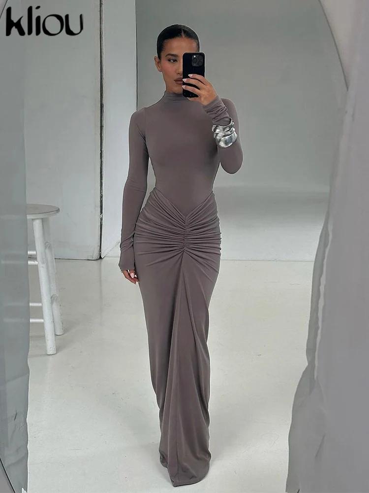 Kliou froncé femmes classique Robe Maxi automne nouveau solide à manches longues col haut moulage du